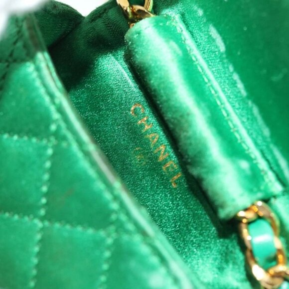 CHANEL Mini Matelasse Chain Pouch Shoulder Bag Satin Green Gold CC Auth 51271A - Picture 11 of 16